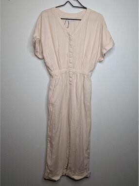 ZARA Linen Jumpsuit Cream Wide Leg Elastic Waist Minimalist Size 13-14